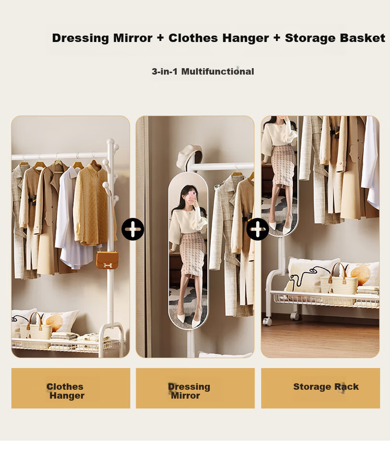 Yicainianhua Clothes Hanging Rotating Mirror with Storage Rack, Bedroom Coat Stand, Floor-Standing Clothes Rack, Home Coat Hanger 2449 Black 4