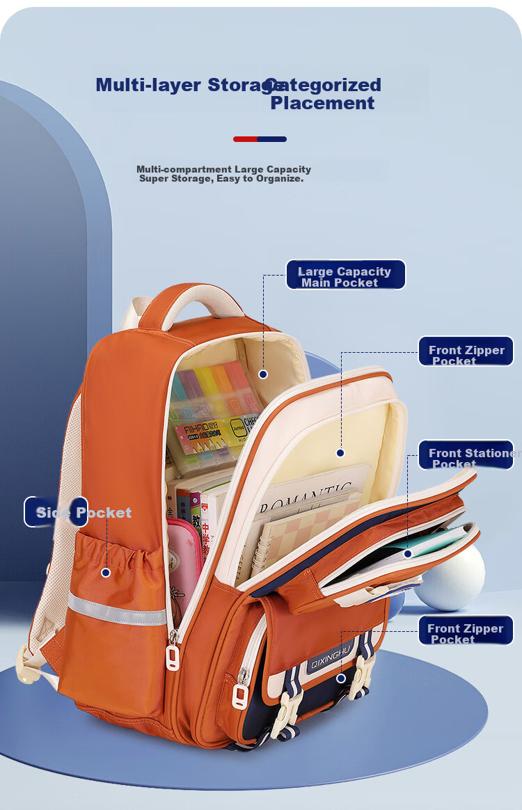 Qixinghu Primary School Backpack for Grades 1-4-6, Ergonomic Spine Protection, High Capacity, Stylish Girls and Boys Schoolbag 17