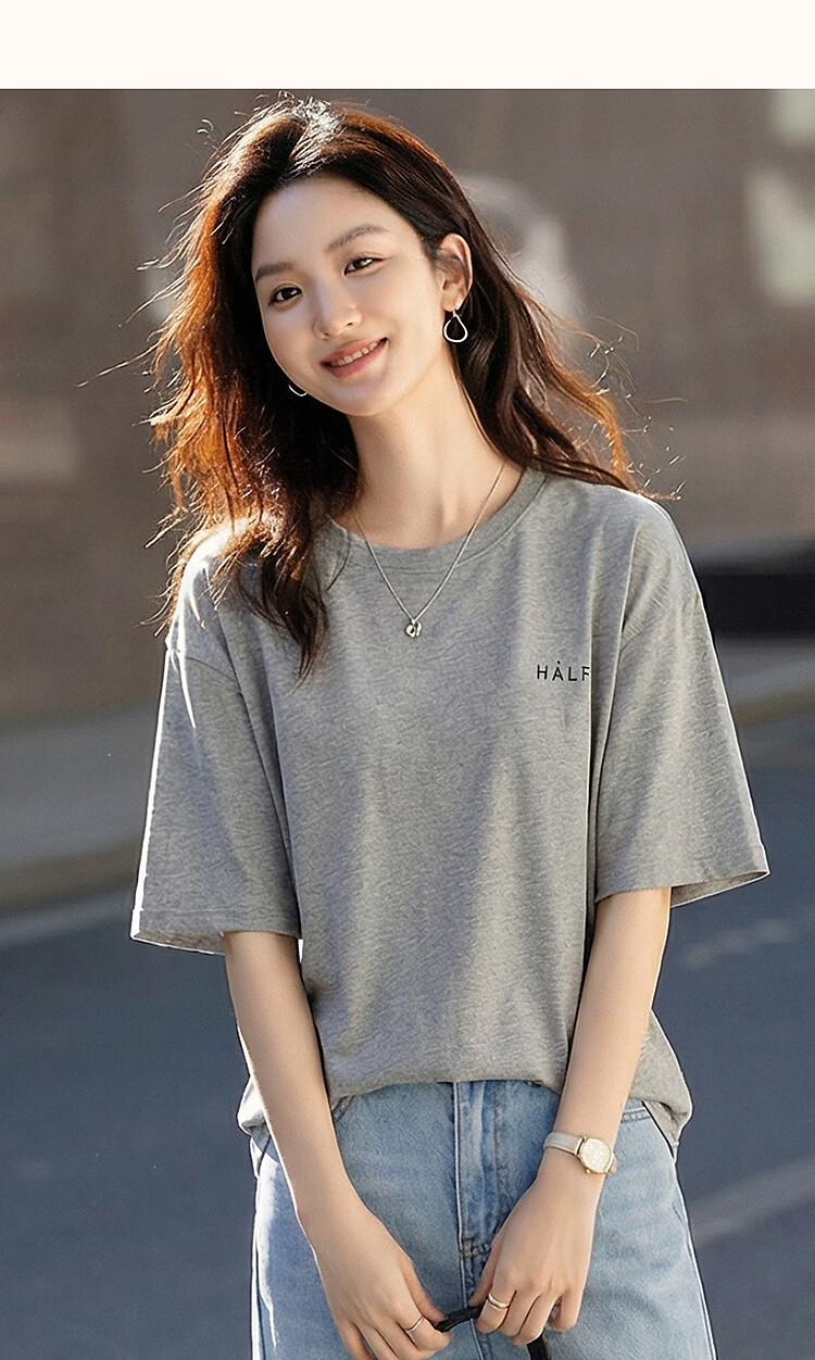 Demana [Comfort 180G Pure Cotton] Summer Simple Style Letter Print Loose Fit Women's 5-Sleeve T-Shirt 33