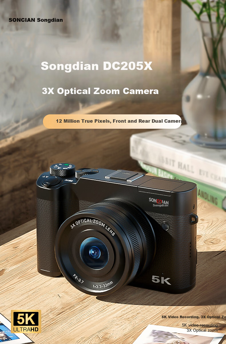 SONGDIAN Digital Camera Front and Rear Dual 5K Vlog 3X Optical Zoom Mirrorless Portable Student Camera DC205X Black 128GB Memory 1