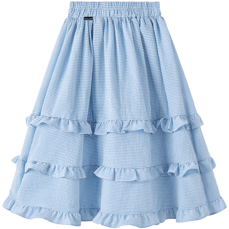 Balachi Girls Spring Summer Vacation Style Plaid Skirt Outdoor Casual Cake Skirt Pastoral Long Skirt 130 Blue