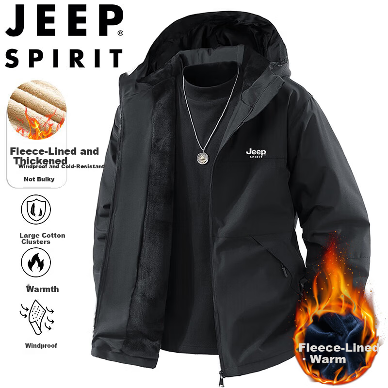 JEEP SPIRIT Men's Autumn Winter Casual Fleece Lined Warm Jacket Windproof Waterproof Outdoor Sports Black/Black XL