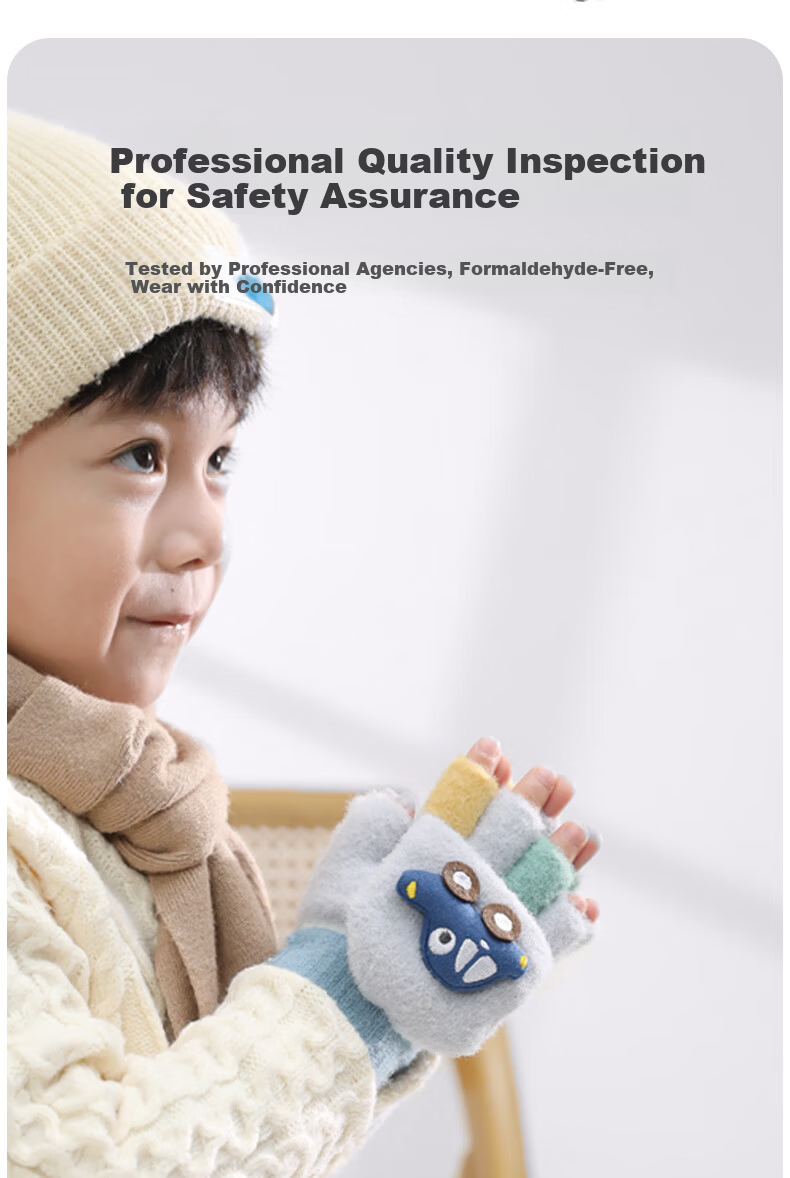 Aibaoqi Children's Winter Warm Flip Half Finger Gloves Boys Thickened Writing Fingerless Gloves T238 Blue 8