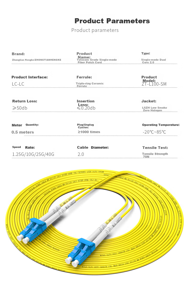 ZHONG TIAN HITECH Telecom-Grade Fiber Optic Patch Cable LC-LC Single-Mode Dual-Core Duplex 2.0 Fiber Optic Cable, 1 Meter, ZT-L101 9