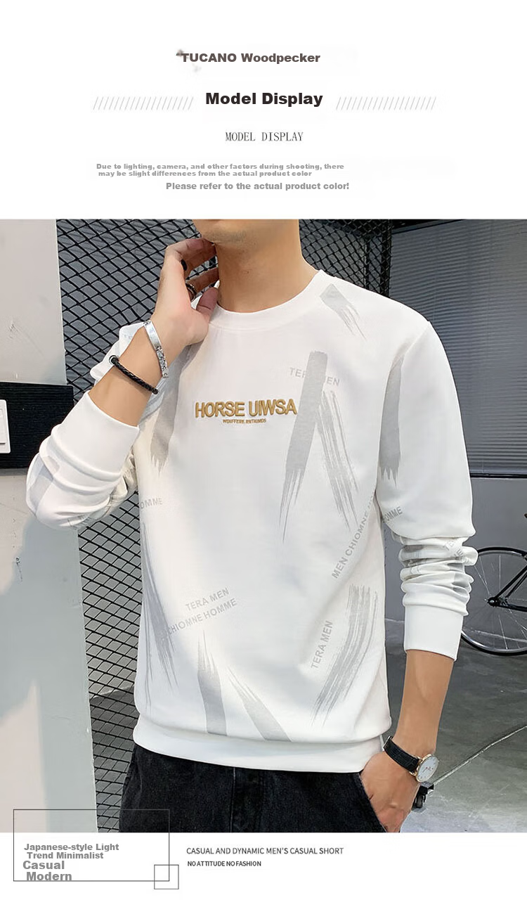 TUCANO Men's Sweatshirt Spring Autumn Long Sleeve T-Shirt Round Neck Loose Casual Base Shirt White L 6
