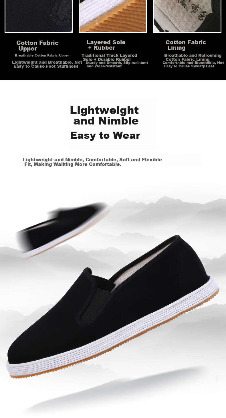BUSHEYUAN Breathable Slip-On Traditional Beijing Cloth Shoes for Men, Chinese Style Thousand-Layer Sole Dad Shoes 9206 Black Size 41 2