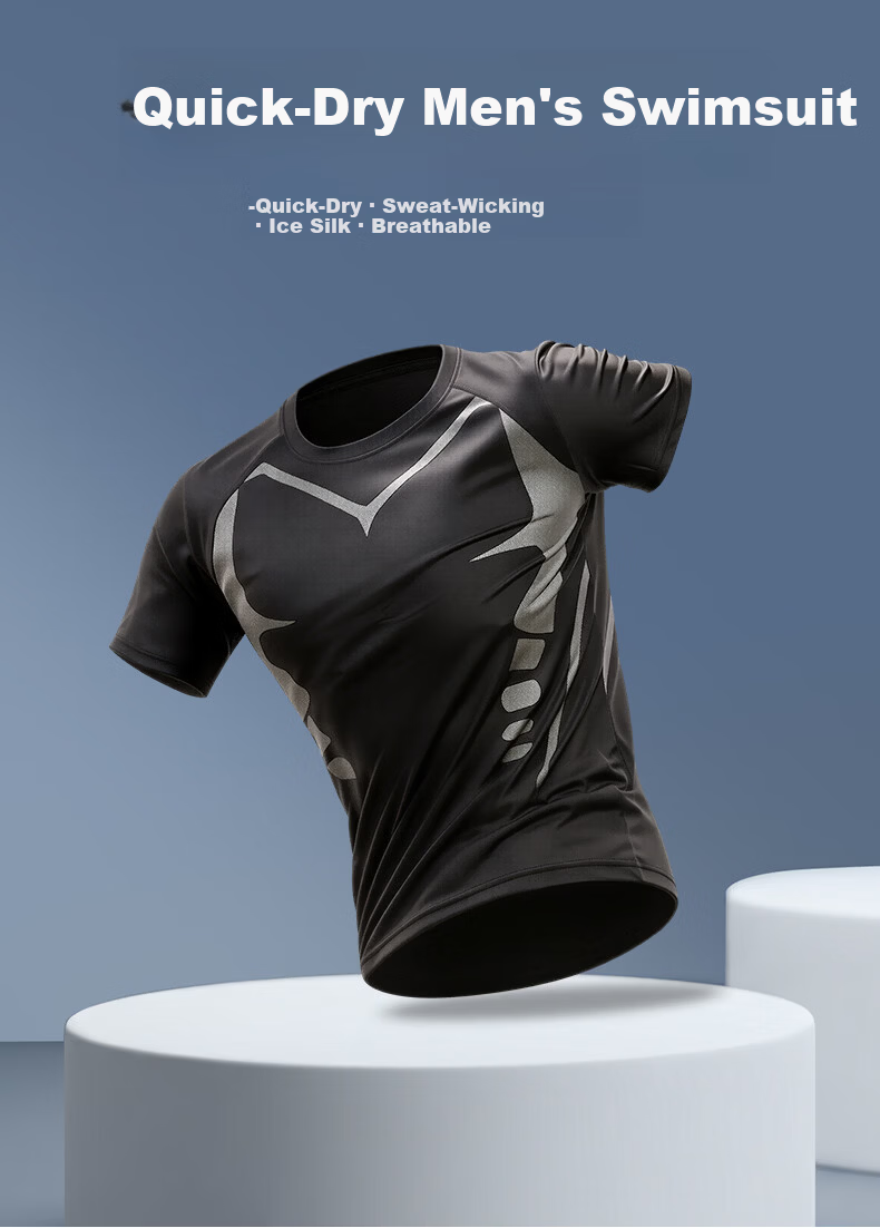 BURUITE Men's Swimwear Anti-Embarrassment Top Swimming Gear Youth Hot Spring Short Sleeve Tight T-Shirt Quick-Dry New Model 1