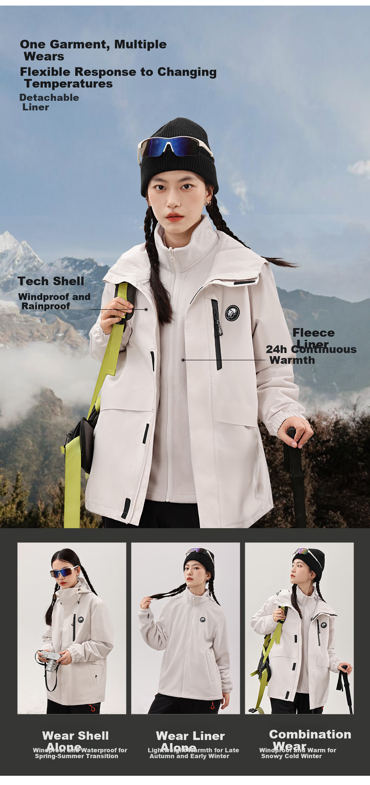 Panda Camel Series Women's Mountain Assault Jacket 3-in-1 Fleece Warm Hiking Coat Men's 1641 Blue, XS 11
