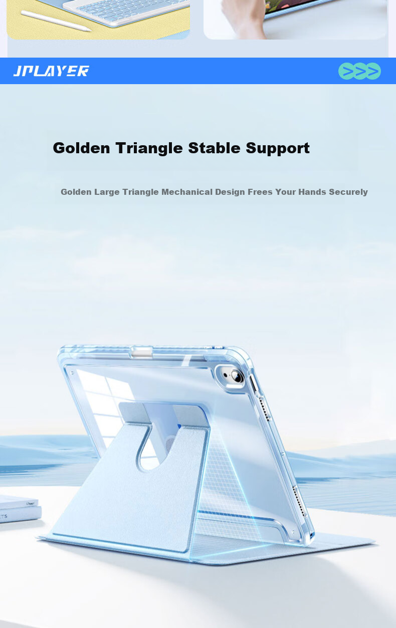 JPLAYER Apple iPad Mini 7/6 Case 8.3 Inch 2024/21 Model A17Pro Tablet Protective Cover Rotatable Horizontal Vertical Stand Acrylic Transparent with Pen Slot White Ice Blue 2