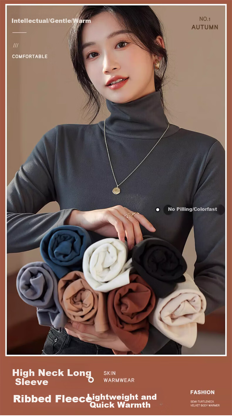 LangSha Women's Turtleneck Base Shirt Autumn Winter 2025 Thickened Fleece Ribbed Long Sleeve Slim Fit 7A Antibacterial Mite-Resistant Inner Top 1