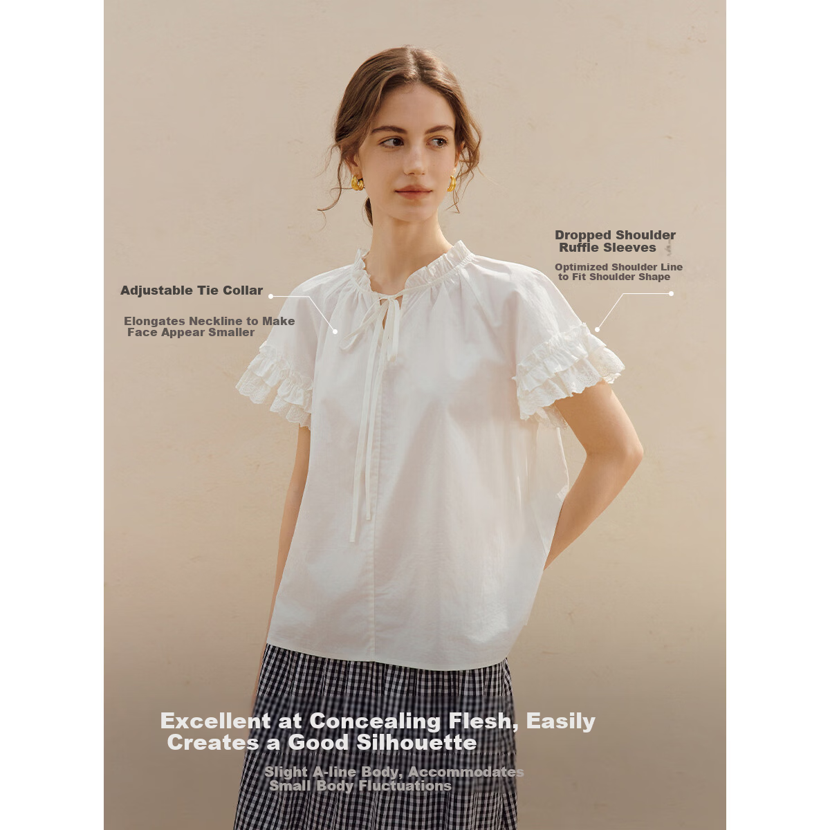 INMAN 100% Xinjiang Cotton Lace-up Ruffle Short Sleeve Shirt 2026 Summer New Loose Women's Top