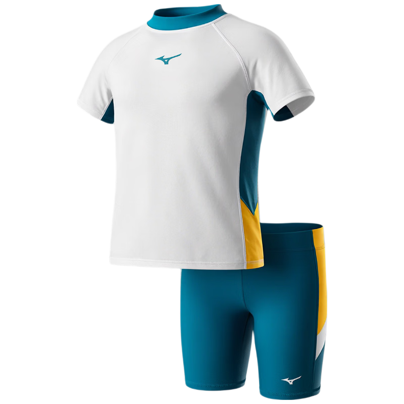 MIZUNO Kids Boys Two-Piece Swimwear Short Sleeve Quick-Dry Sun Protection Surfing Hot Spring Swimsuit GB431 Off-White Blue 130