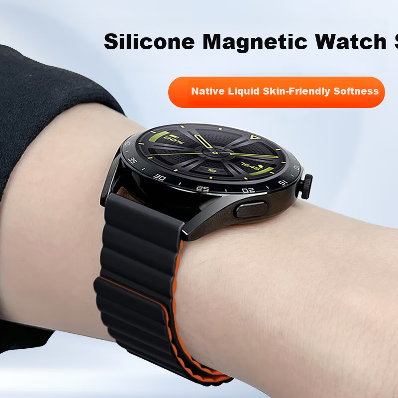 Masisi Compatible Huawei Watch Band for Watch5/4/3/GT6/5/GT4/3/2/Pro/Honor Magic2/OPPO Watch4Pro/X Magnetic Silicone Black with Orange 22mm