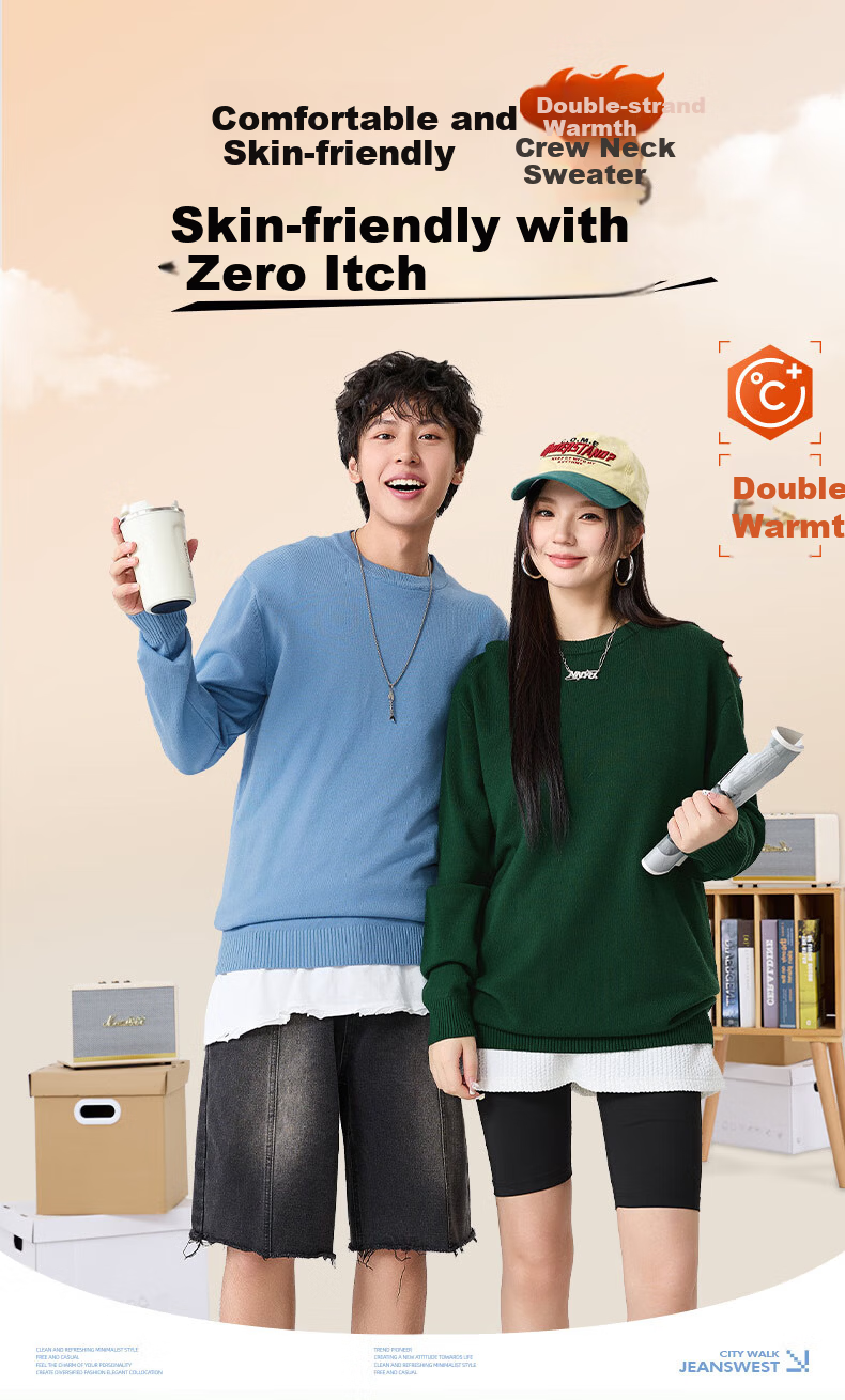 JEANSWEST LIFE Men's Thermal Knitted Sweater Autumn Winter Double-Strand Heavyweight Crew Neck Skin-Friendly Pullover 1