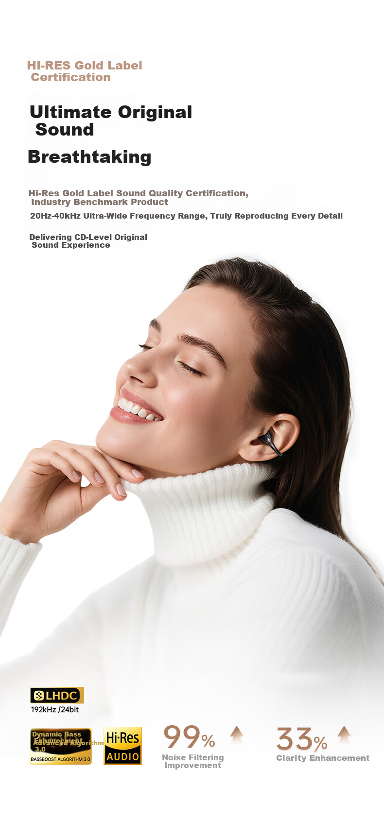 KINYO [Leader Industry | A9 Ai Lingdong Huan] Bluetooth Headphones, Clip-On Bone Conduction Concept, Wireless, Open-Run Sports, Calling, Noise Reduction, Long Battery Life, Real-Time Translation, Recording 3