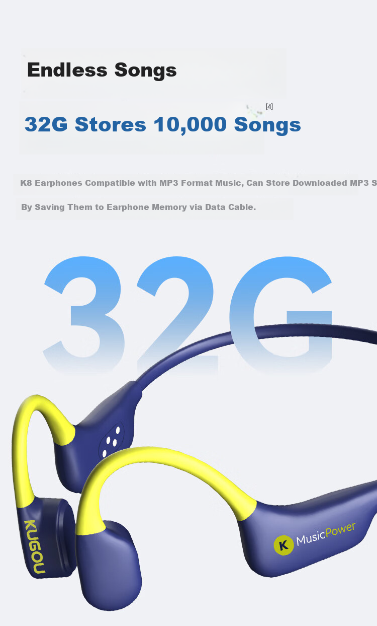 KUGOU K8 Waterproof Level 8 & Volume Level 16 Bone Conduction Bluetooth Earphones Open-Ear Music Swimming Sports Running Cycling Long Battery Life Underwater MP3 Memory No Card Needed 10