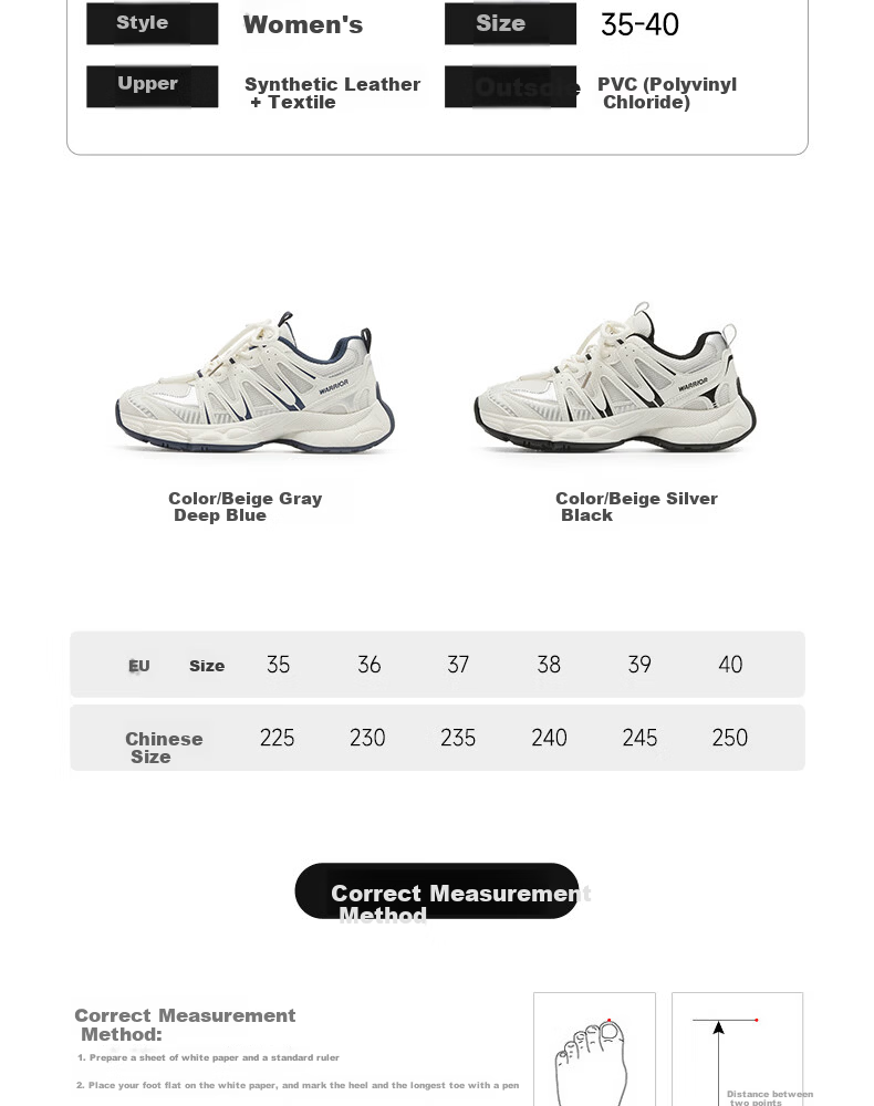 Warrior Women's Dad Sneakers 2026 Summer New Thick-soled Height-increasing Sports Shoes Women Beige Gray Dark Blue Size 37 1