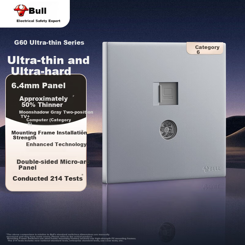 BULL G60 Series 2-Gang Cat6 Computer and TV Socket Ultra-Thin Panel G60T223 Moon Shadow Gray