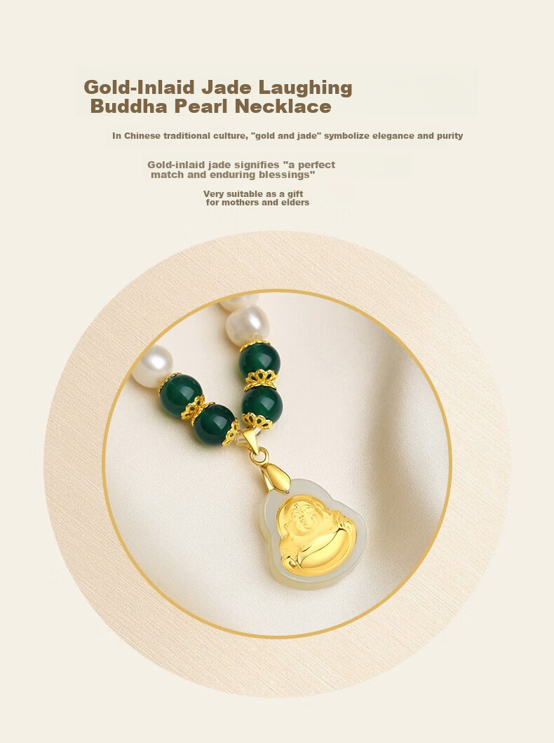 Chow Tai King Freshwater Pearl Necklace for Women, Gold Inlaid Jade Buddha Pendant, Mother's Day Gift for Mom and Elders, Birthday Present 5