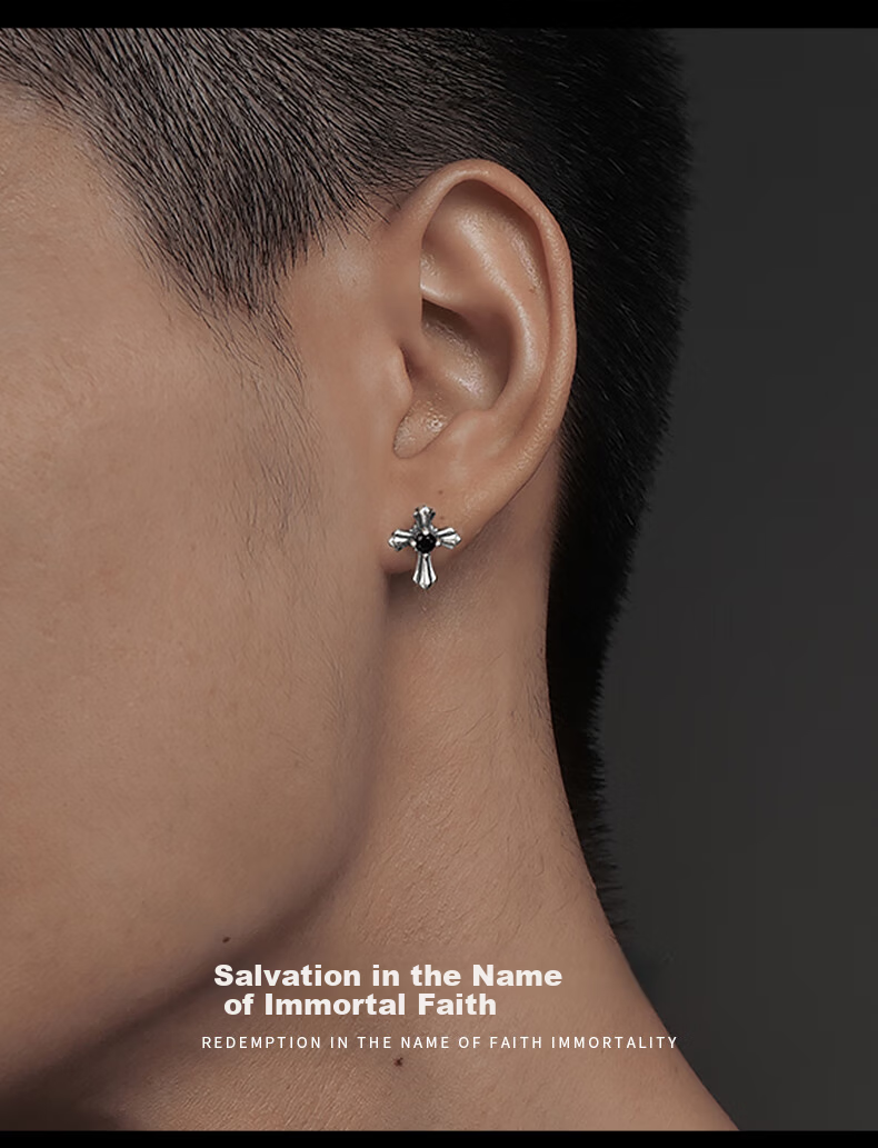 Zhenshang Silver China Gold Authorized Pure Silver Men's Stud Earrings Pendant Birthday Gift for Boyfriend Husband Punk Style S925 8