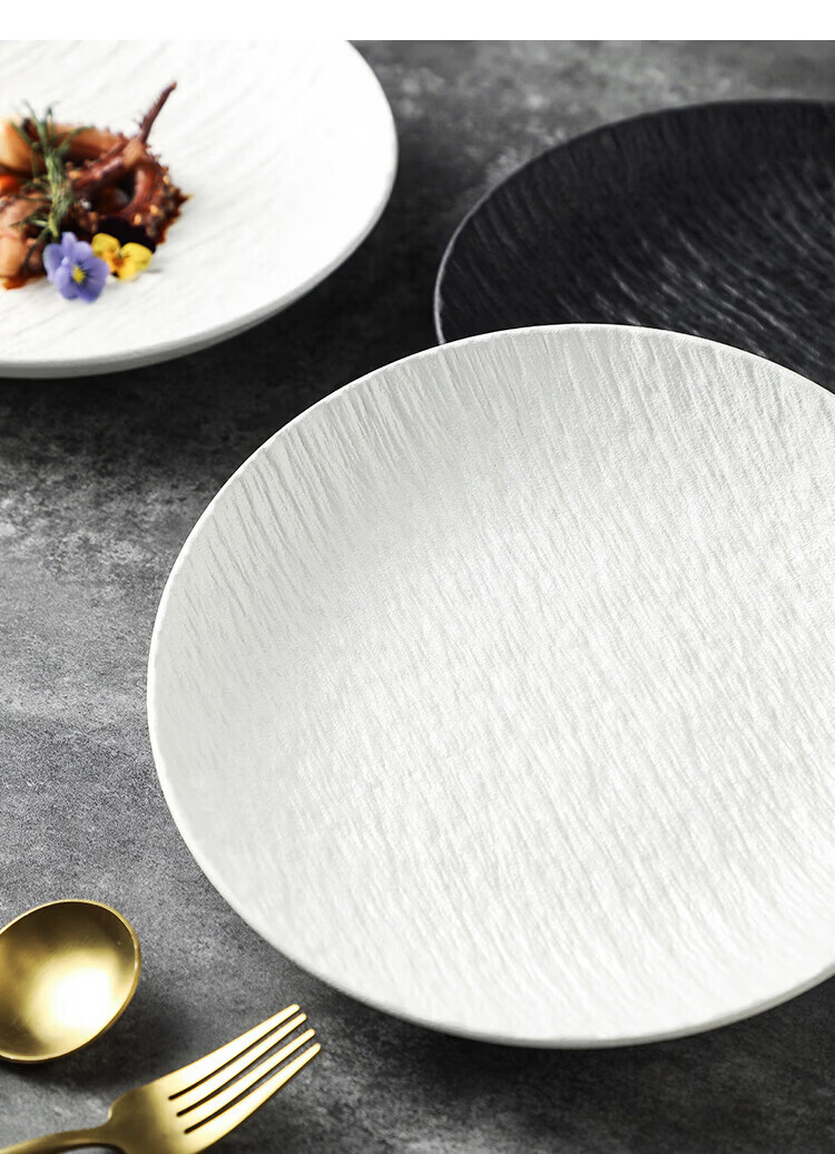 Chuanqi Ceramic Dinner Plates 8-inch 2pcs (Black + White) Japanese Style Steak Plate Fruit Plate Large Flat Plate Rock Texture 14