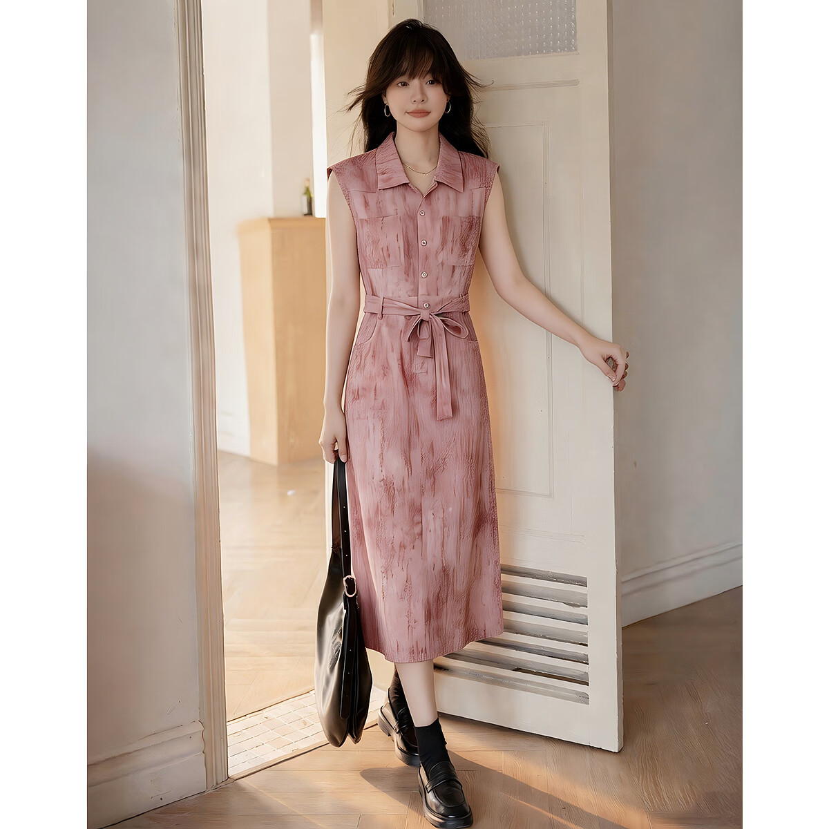 MT Elegant Urban Summer Commuter Gradient Texture Lapel Half-Placket Sleeveless Waist-Slimming Women's Dress