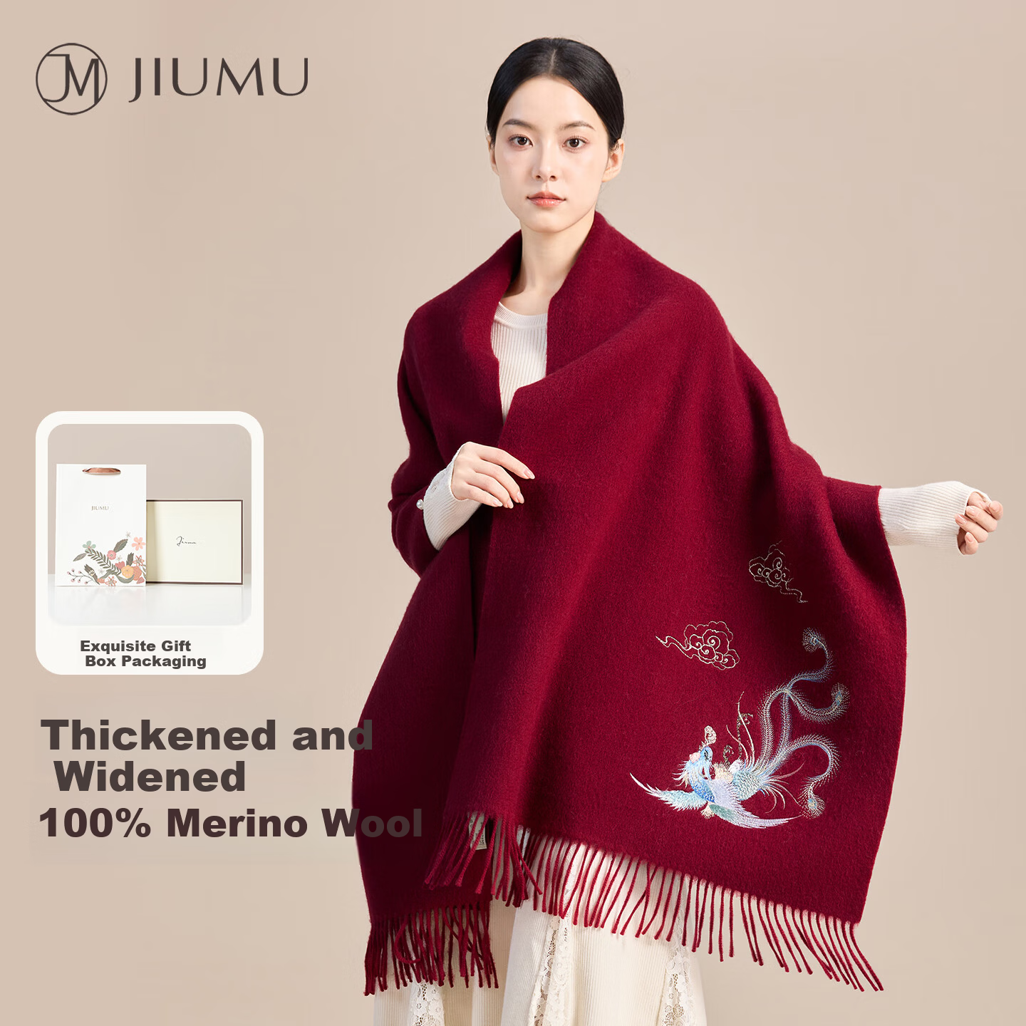 JIUMU Pure Wool Scarf for Women Elegant Warm Shawl Large Wrap Gift Box Mother's Day Birthday Present