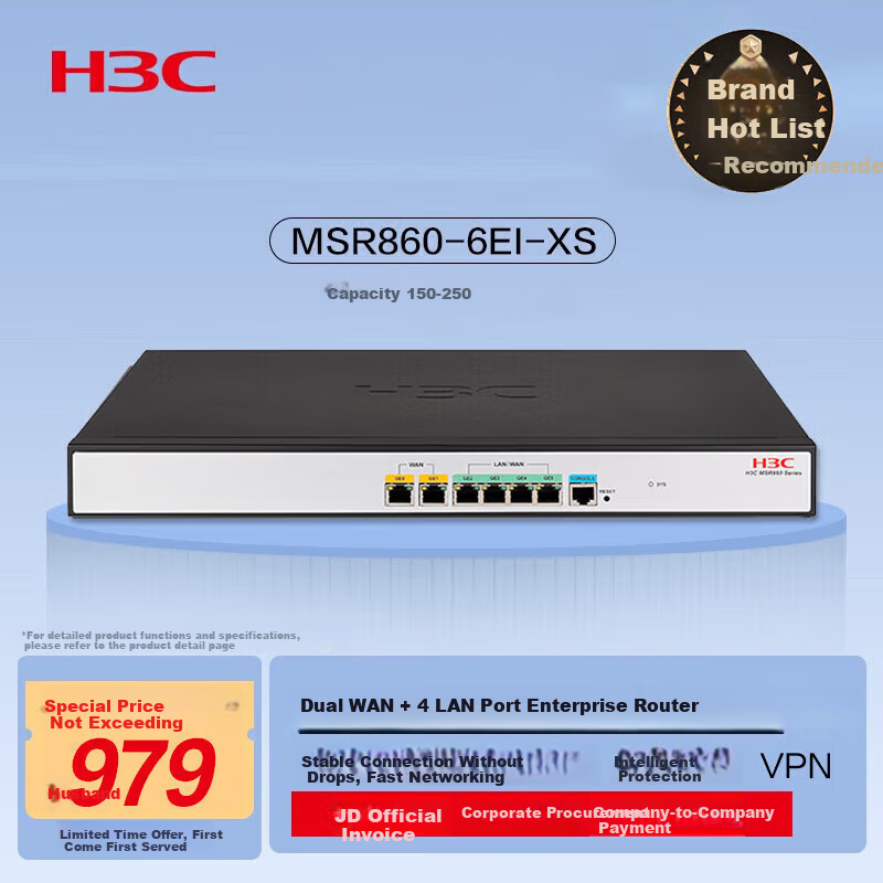 H3C Multi-WAN+4LAN Gigabit Enterprise-Grade VPN Wired Gateway Router, with 250 Devices, IPv6, Firewall, And Internet Behavior Management, MSR860-6EI