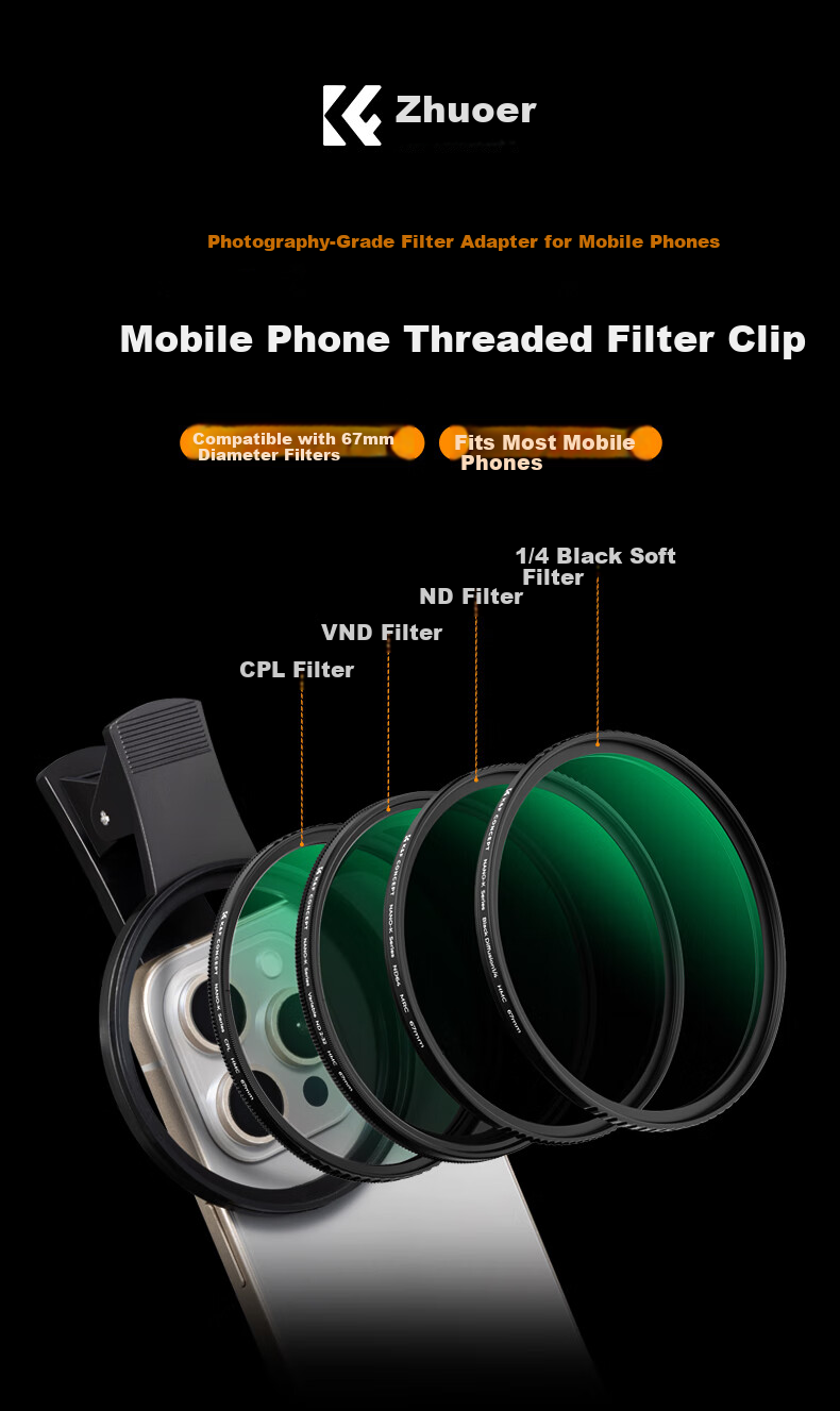 Zhuoer Polarizing Filter for Huawei, Xiaomi 15 Ultra And Apple Phones, Professional CPL Polarizing Filter, 67mm Phone Clip Shooting Tool, ND Filter 1