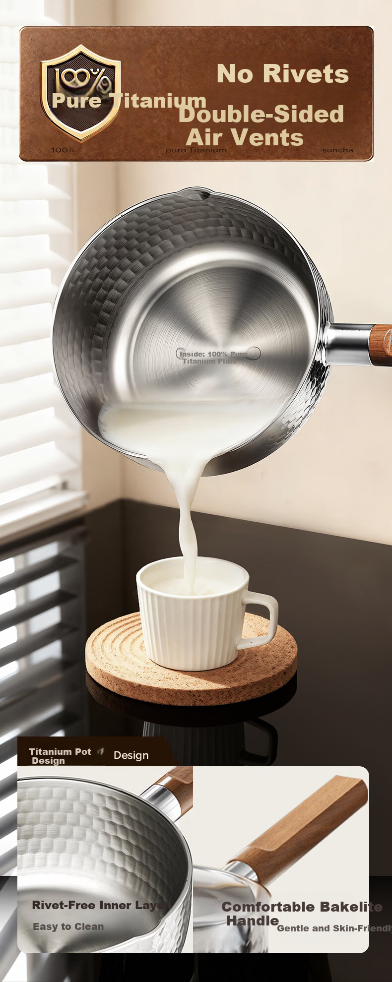 Shuangqi Pure Titanium Non-Coated Snow Pan Milk Pot Noodle Pot Baby Infant Food Steamer 18cm with Steaming Basket 14