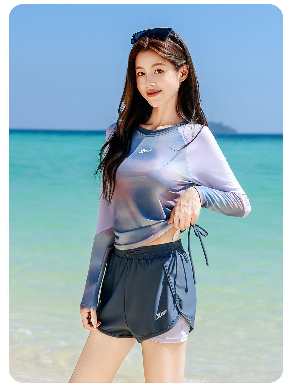 Xtep Women's Long Sleeve Conservative Two-Piece Swimwear Set with Tankini and Boyshorts, Tummy Control, Slimming Beach Vacation Swimsuit 11