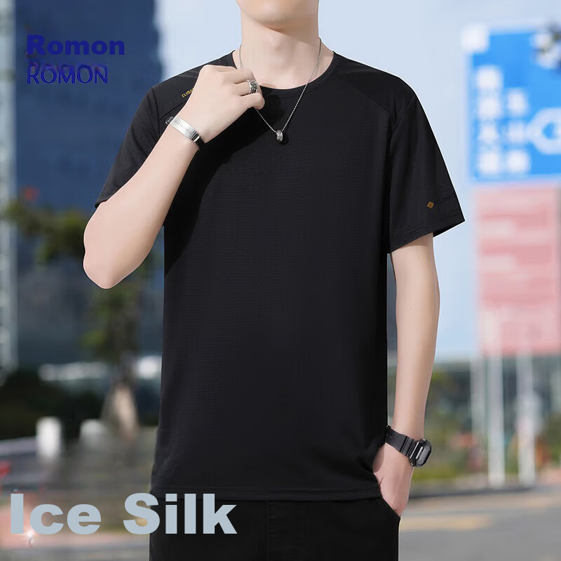 ROMON Men's Short Sleeve T-Shirt Summer Trendy Ice Silk Feel Versatile Business Casual Breathable Base Shirt LY7 Black 4XL