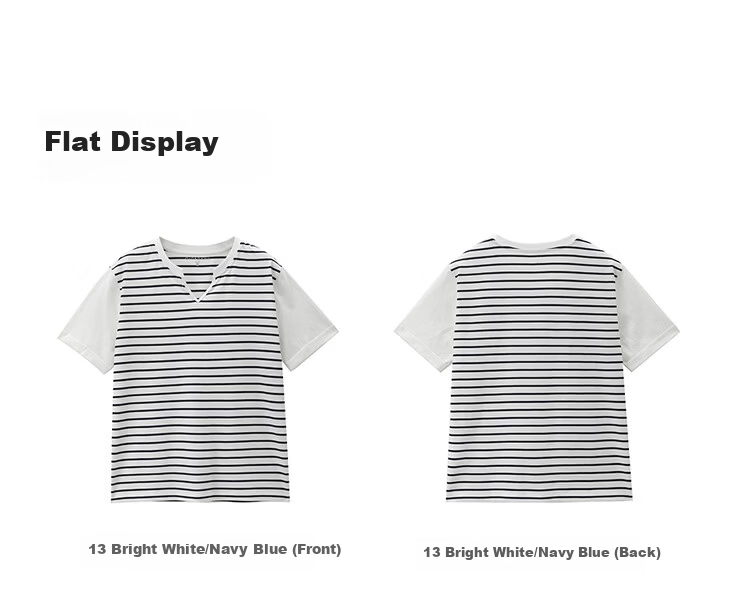 Giordano Women's Summer New Cotton Patchwork Striped Loose V-Neck Casual T-Shirt 13326234 15