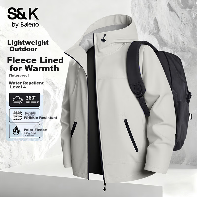 Baleno S&K Series Men's Winter Fleece-Lined Outdoor Sports Jacket Windproof Warm Water-Repellent Hooded Coat Autumn Winter
