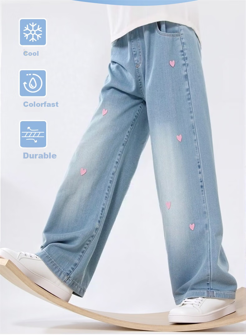 MARCOLOR Marcale Kids Girls Denim Set Summer 2025 New Children's Short Sleeve Wide-Leg Pants Two-Piece Set 1