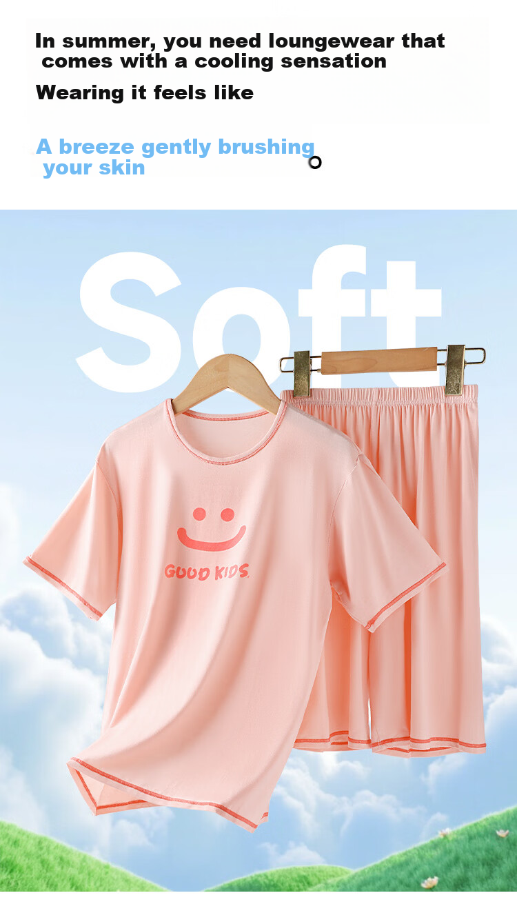 Hodo Kids A-Class Lyocell Summer Thin Antibacterial Girls Short Sleeve Pajama Set for Older Children Air Conditioning Wear 6