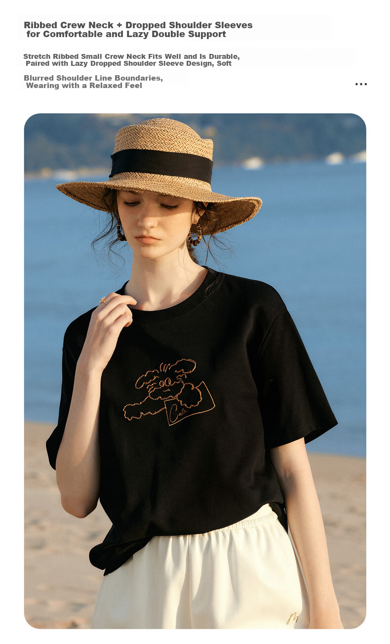 Olrain Eurier New Summer Women's Casual Dog Embroidery Crew Neck Loose Short Sleeve T-Shirt Black XL 6