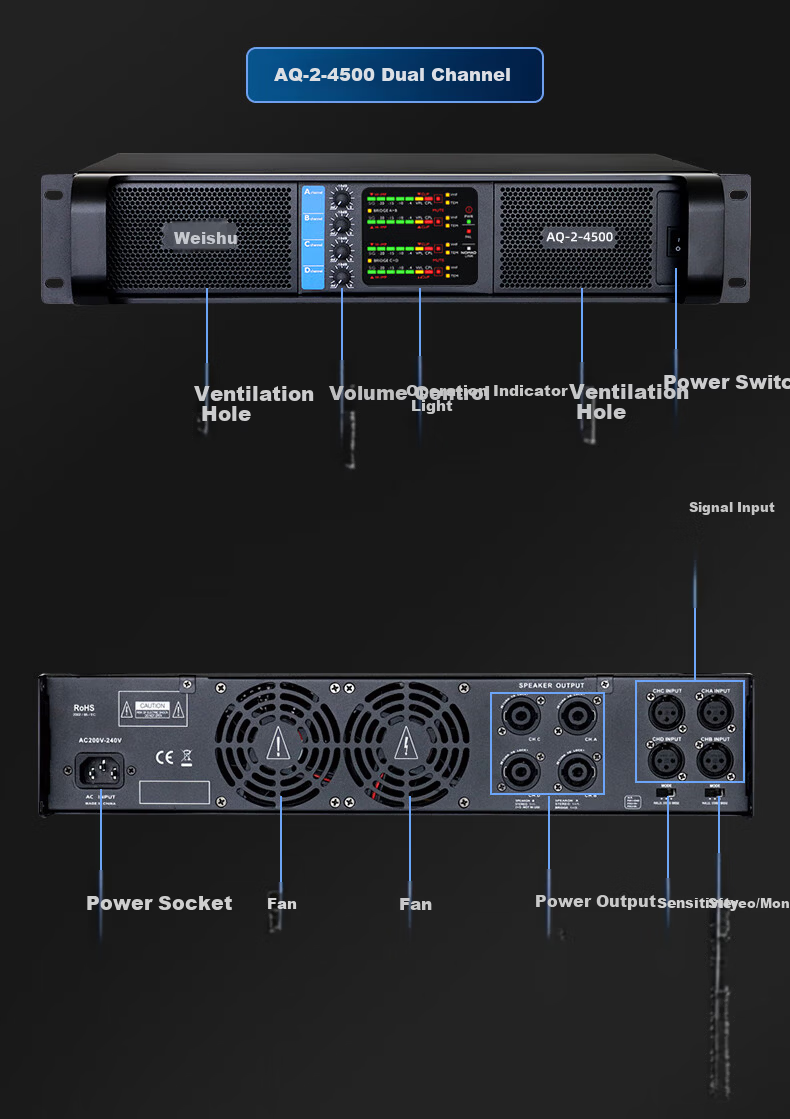 Weishu AQ-2-2500 Professional Two-Channel Digital Amplifier 500W*2 for Conference Audio Video Home Theater Stage Performance 9