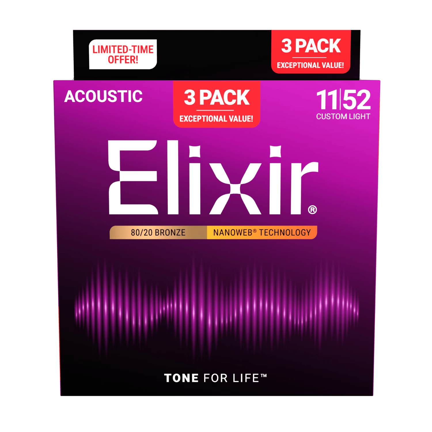 Elixir Acoustic Guitar Strings 16569 (Set of 3, 16052), Phosphor Bronze Ultra-Thin Coated