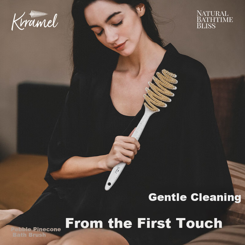 KRRAMEL Exfoliating Bath Brush Natural Boar Bristle Long Handle Cat Design Pebble Pinecone Boar Bristle Bath Brush White
