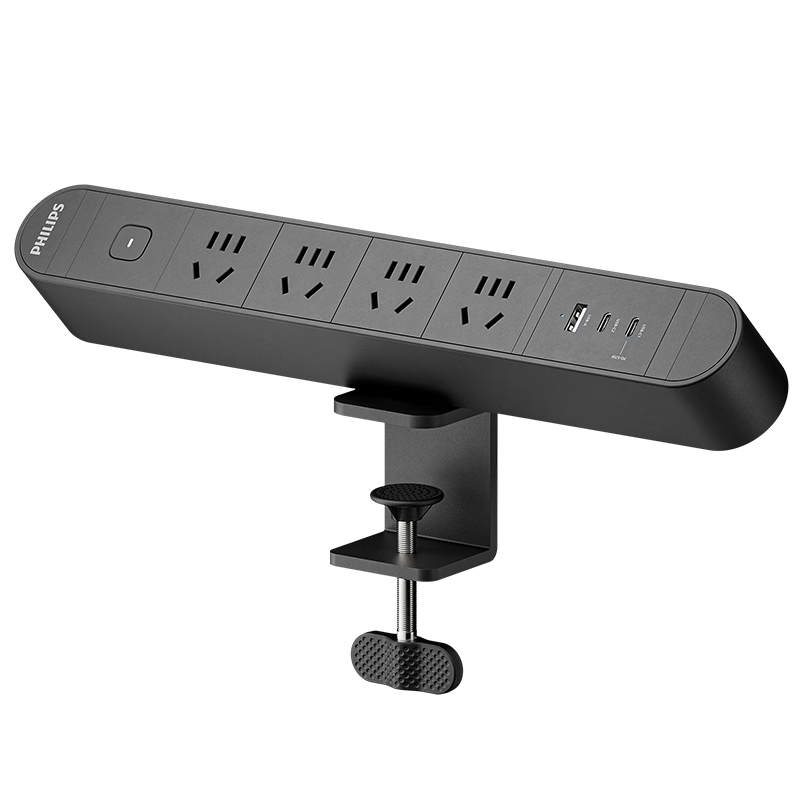 PHILIPS Desktop Clamp Power Strip with USB Fast Charging, 4-Outlet Multi-Functional Socket for Gaming and Study, No-Drill Extension Cord for Dormitory and Office Desk