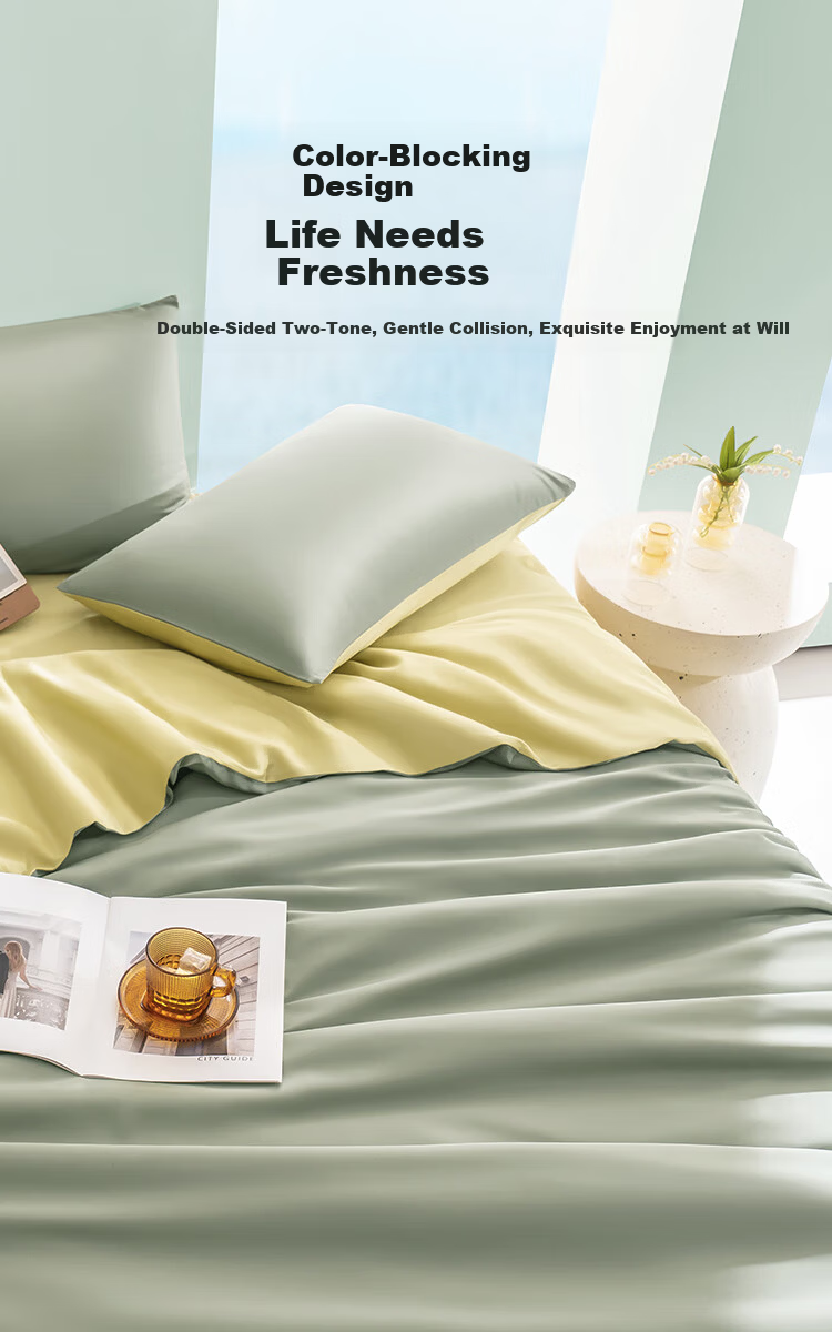 JD Original Imported Lanjing Tencel Four-Piece Bedding Set, 60-Count Lyocell Summer A-Class Bedding Ice Silk Set with Duvet Cover And Bedsheet, for 1.8-Meter Bed, Light Blue 10