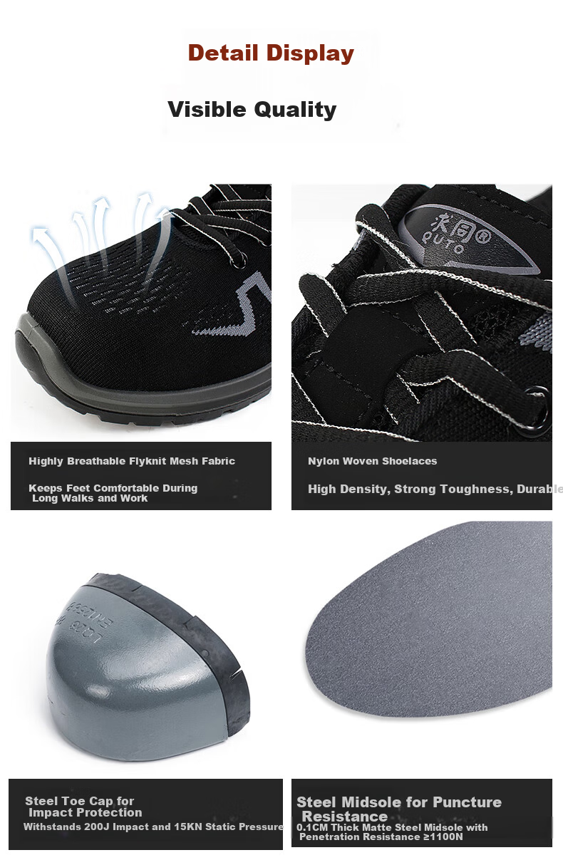 Qutong Men's Safety Shoes Steel Toe Anti-Smash Anti-Puncture Anti-Static Breathable Slip-Resistant Work Shoes Size 43 Black 4