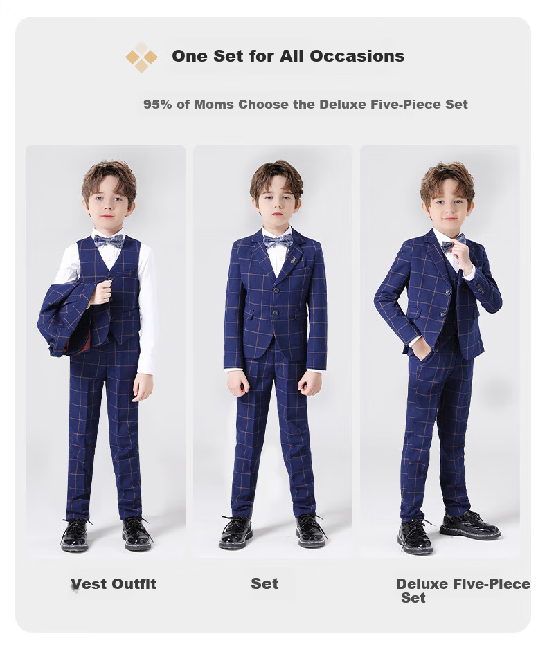 Romon Children's Suit Vest Set Boys Host Formal British Style Flower Boy Piano Performance Navy Plaid 130 6