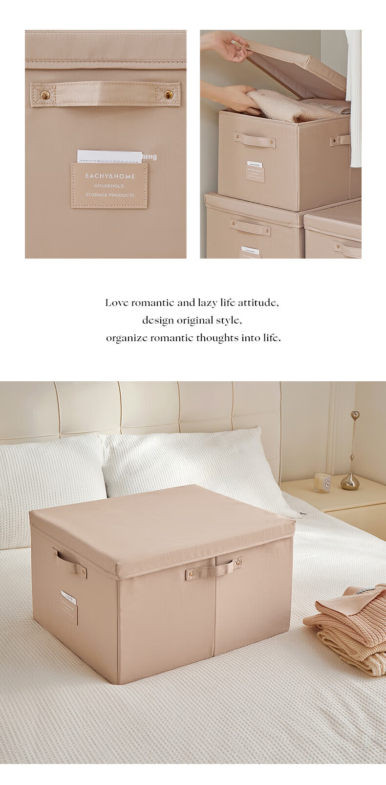 EACHY Fabric Storage Box for Clothes, Foldable Wardrobe Organizer, 40L, Beige 13