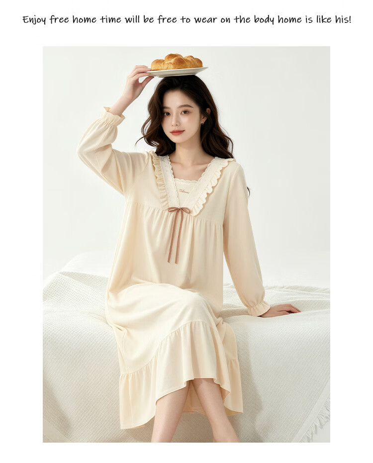 Nanjiren 2026 New Women's Cotton Nightgown with Chest Pad Summer Long Sleeve Princess Style Homewear Pajamas 5