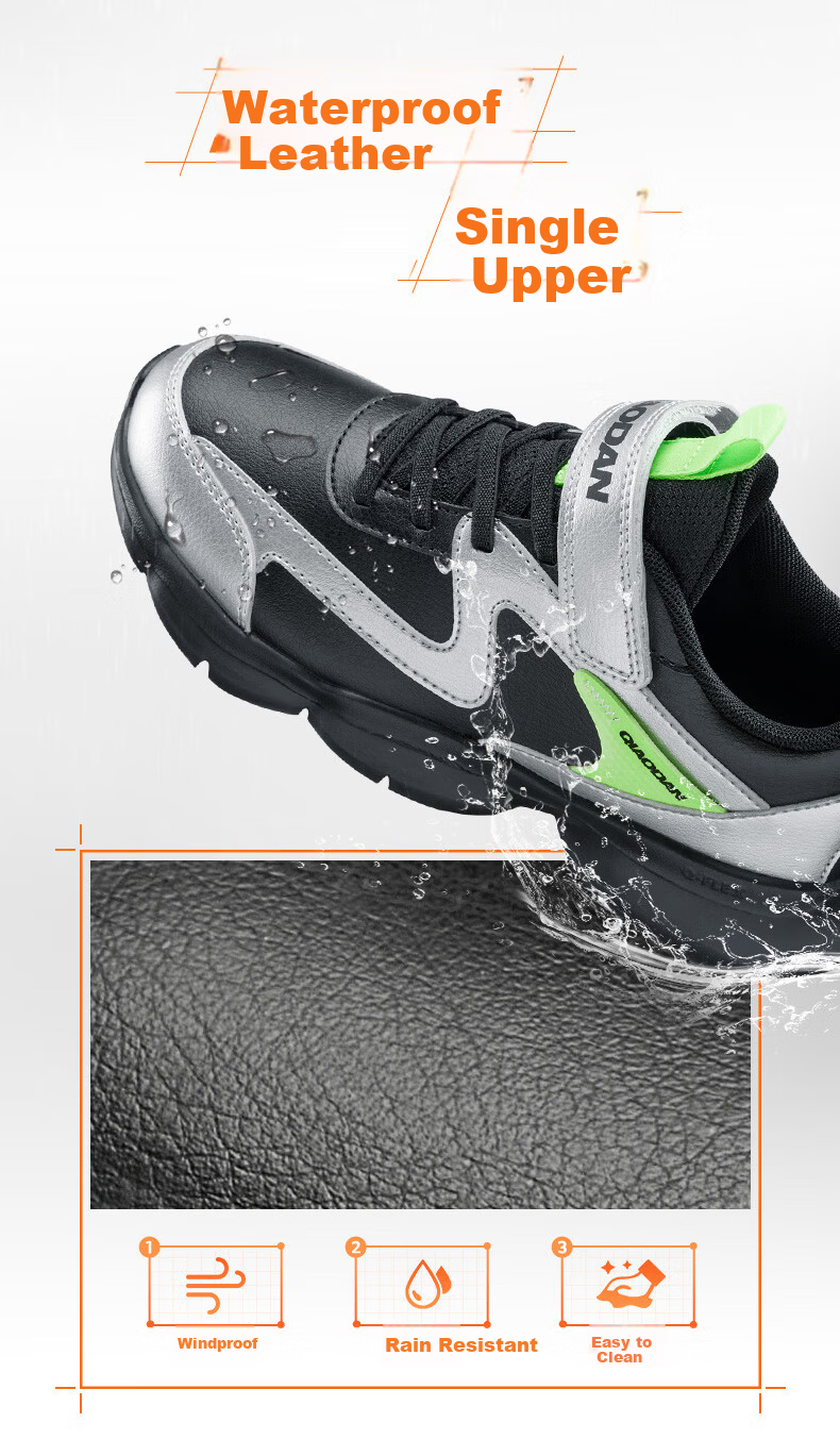 QIAODAN Boys Running Shoes Children's Leather Velcro Sports Shoes Autumn Winter Big Kids Black/Silver Size 40 7