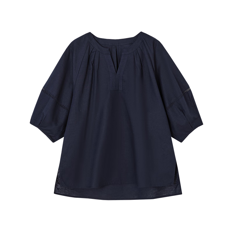 Demana Little Rose Summer V-Neck Cotton Linen Blend Shirt with Puff Sleeves and Side Slits Women's Top