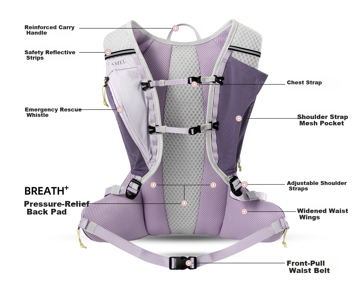 CAMEL Purple Vest Lightweight Travel Backpack Outdoor Hiking Cycling Mountaineering Bag 575C628004A 33