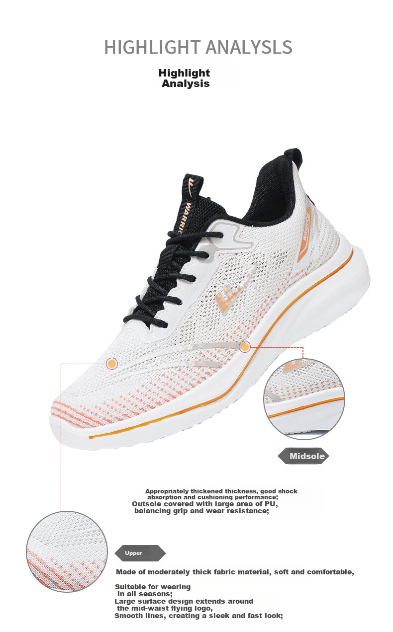 Warrior Men's Sports Shoes Lightweight Breathable Running Shoes Casual Soft Elastic Sneakers White Orange Size 39 16